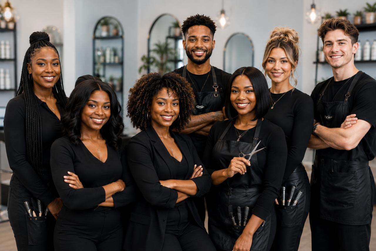 A collage of Choyce stylists at work — cutting, styling, colouring and finishing looks in the salon